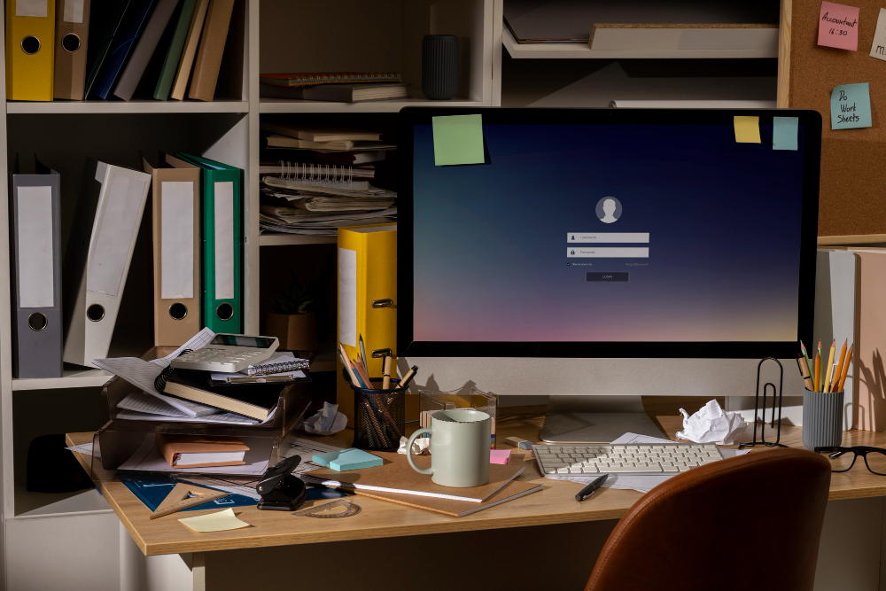 Papierstapel und volle Ordner im Büro